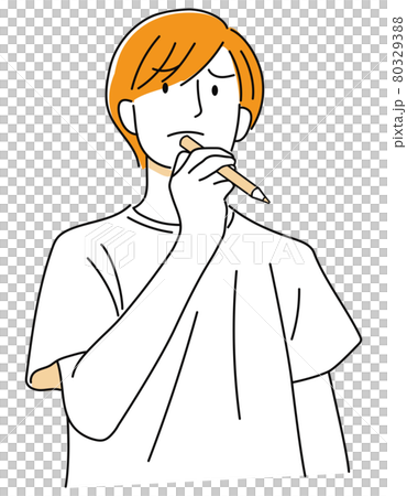 男の子09 01 手描き 鉛筆を持って何かを考える悩む男性 上半身 オレンジ03 のイラスト素材