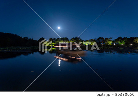 京都府京都市 大覚寺の観月の夕べで大沢池に浮かぶ龍頭鷁首舟の遊覧船 京都府京都市 大覚寺の観月の夕べで大沢池に浮かぶ龍頭鷁首舟の遊覧船 80330050
