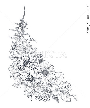 Vector floral bouquet, composition with black and white hand drawn herbs and wildflowers 80330342