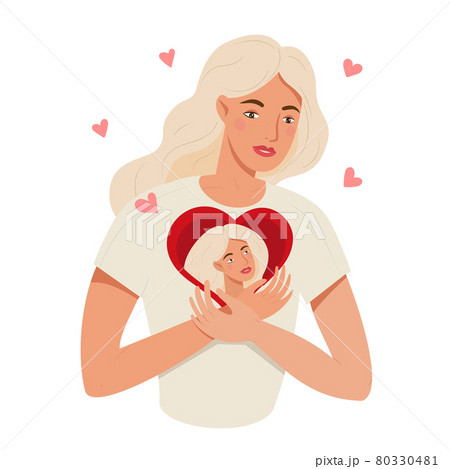 Self love and self care concept. Woman hugging heart with self image inside. 80330481