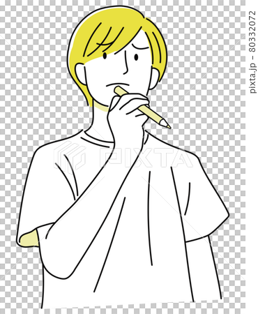 Boy 09_03 (Hand-painted, a man who is worried about thinking about something with a pencil, upper body, yellow 03) 80332072