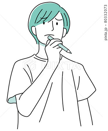 男の子09_02(手描き・鉛筆を持って何かを考える悩む男性・上半身・ブルー03) 男の子09_02(手描き・鉛筆を持って何かを考える悩む男性・上半身・ブルー03) 80332073