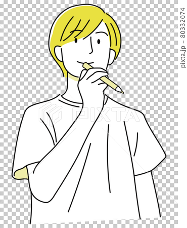 Boy 09_03 (Hand-painted, smiling man who comes up with something with a pencil, upper body, yellow 02) 80332074