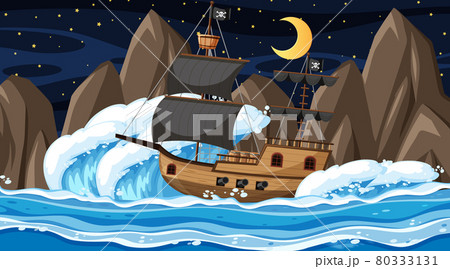 Ocean with Pirate ship at night scene in cartoon style 80333131