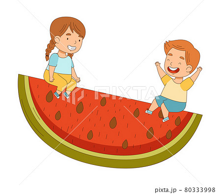Little Boy and Girl Swinging on Huge Watermelon Slice Vector Illustration 80333998