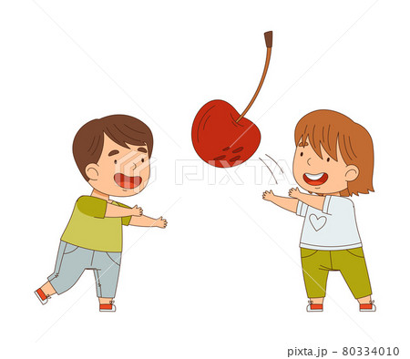 Little Boy and Girl Playing Throwing Huge Cherry Berry Vector Illustration 80334010