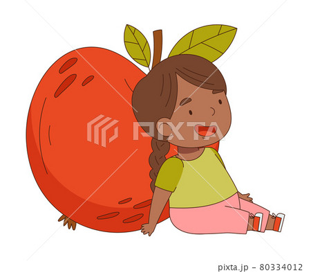 Little Girl Leaning Against Huge Red Apple Fruit Vector Illustration 80334012