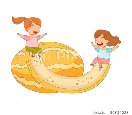 Cheerful Little Girls Swinging on Huge Melon Slice Vector Illustration 80334023