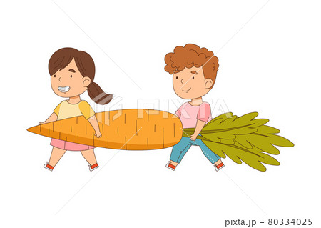 Little Boy and Girl Carrying Huge Carrot Vector Illustration 80334025