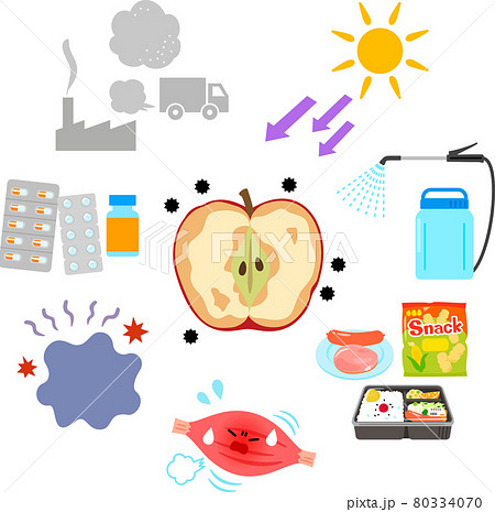 酸化したリンゴと活性酸素発生の要因のイラスト素材