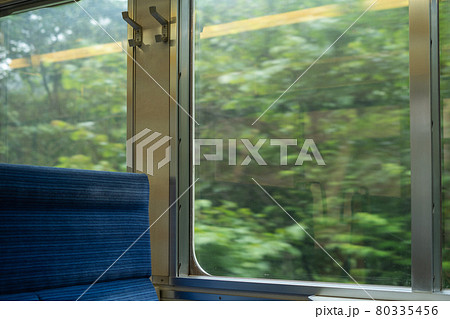 電車の空席と中から見える緑の景色の写真素材