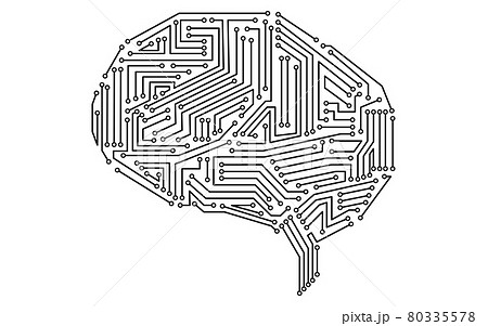 白黒の人工知能 Ai をイメージした脳の形をした電子回路のイラスト素材