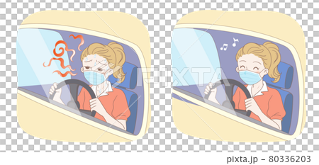 Woman wearing a mask while driving, contrast between discomfort and comfort Woman wearing a mask while driving, contrast between discomfort and comfort 80336203