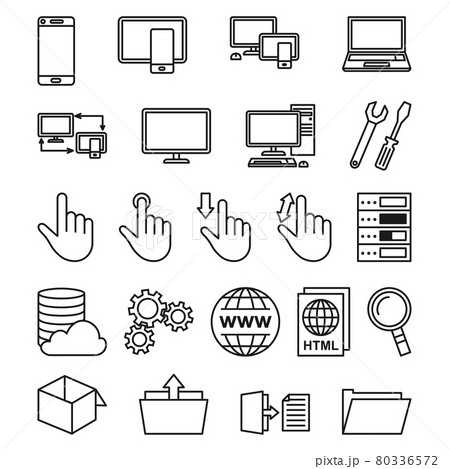 Line art black and white technology themed 22 icon collection 80336572
