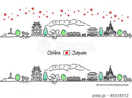 千葉の街並みと新型コロナウイルスのシンプル線画セット 80338552