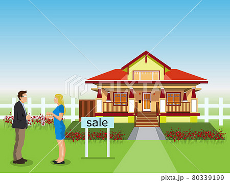Female seller is negotiating house with business man. House and sky in the background. 80339199