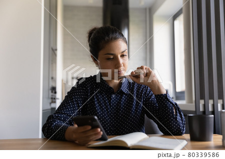 Indian millennial student girl preparing for exam, watching learning webinar 80339586