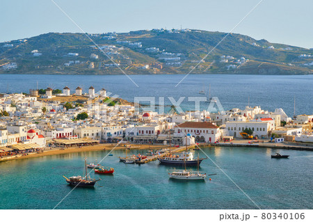 Mykonos island port with boats, Cyclades islands, Greece 80340106