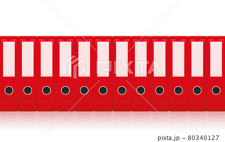Red ring binders, row of unlabeled leaf binder set for orderly, neat and tidy paper filing. Seamlessly expandable. Isolated vector illustration on white background. Red ring binders, row of unlabeled leaf binder set for orderly, neat and tidy paper filing. Seamlessly expandable. Isolated vector illustration on white background. 80340127
