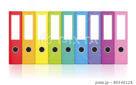 Ring binders, colorful blank leaf binder set, rainbow colored collection for happy office work and tidy filing. Isolated vector illustration on white background. Ring binders, colorful blank leaf binder set, rainbow colored collection for happy office work and tidy filing. Isolated vector illustration on white background. 80340128