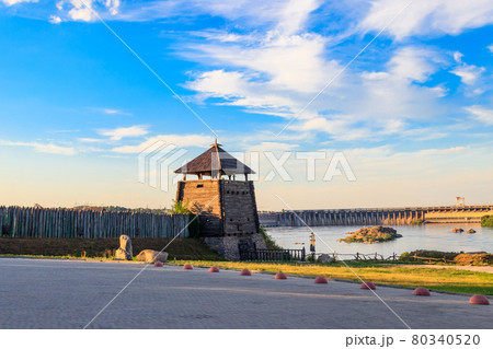 Medieval wooden Zaporozhian Sich on Khortytsia island in Zaporizhia, Ukraine 80340520