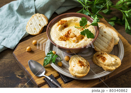Middle Eastern, Hummus Arabic Cuisine. Vegetarian dips Homemade chickpea hummus with olive oil, paprika on a rustic table. Middle Eastern, Hummus Arabic Cuisine. Vegetarian dips Homemade chickpea hummus with olive oil, paprika on a rustic table. 80340862