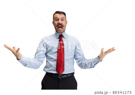 Portrait of young businessman, office worker, manager isolated over white studio background. 80341273