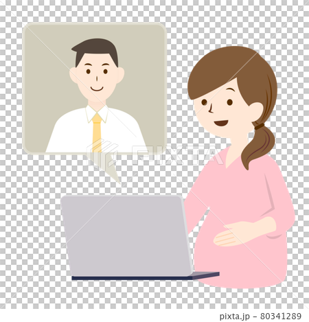 リモートで会社の人とやりとりする産休前の女性イラスト リモートで会社の人とやりとりする産休前の女性イラスト 80341289