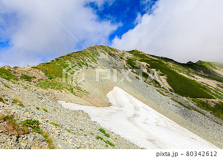 剱御前小舎付近の山道から見た剱沢雪渓 剱御前小舎付近の山道から見た剱沢雪渓 80342612