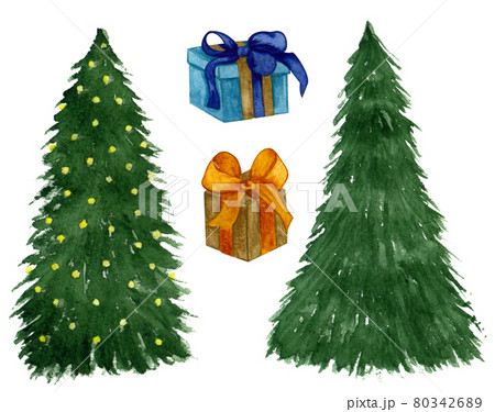 Watercolor Christmas set. Christmas tree with lights and gift boxes. Hand drawn illustration. 80342689