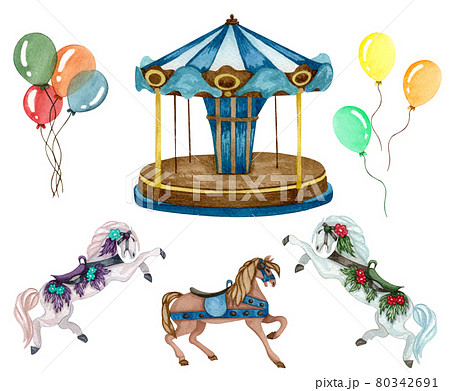 Watercolor Old carousel illustration. Christmas Market. Hand drawn round attraction in blue color. Winter Fair. 80342691