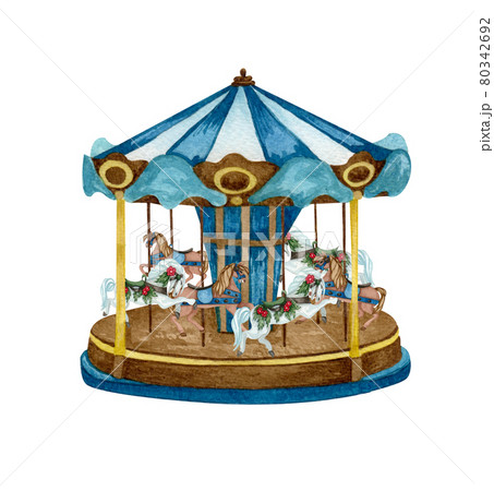 Watercolor Old carousel illustration. Christmas Market. Hand drawn round attraction in blue color. Winter Fair. 80342692