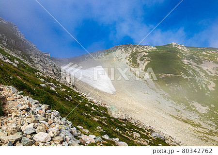 剱御前小舎付近の山道から見た剱沢雪渓 80342762