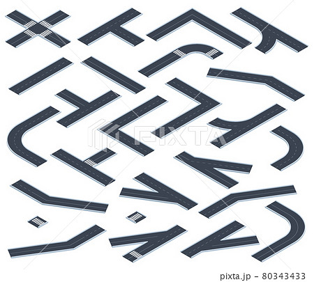 Isometric roads. Highway or city street road map elements, 3d road intersections and turns with markings vector illustration set. Asphalt road sections 80343433