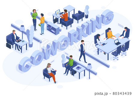 Isometric coworking concept. Freelance business people work in open office space vector illustration. Coworking 3d environment space Isometric coworking concept. Freelance business people work in open office space vector illustration. Coworking 3d environment space 80343439