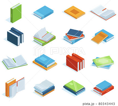 Isometric books. Bookstore or library books, education brochure, encyclopedia, textbooks or classic literature vector illustration set. School isometric books 80343443