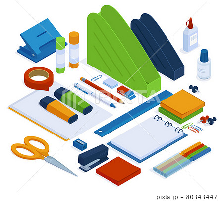 Office supplies. Isometric stationery tools, stapler, ruler, scissors and duct tape, 3d school or office stationery vector illustration set. Isometric office tools Office supplies. Isometric stationery tools, stapler, ruler, scissors and duct tape, 3d school or office stationery vector illustration set. Isometric office tools 80343447