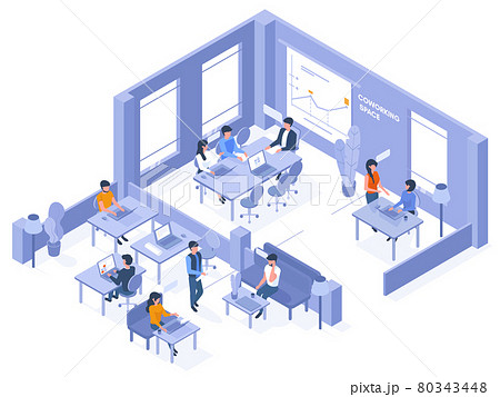 Coworking isometric office. Freelancer coworkers in open office space, 3d business coworking space vector illustration. Creative isometric office 80343448