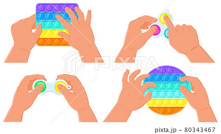 Fidget simple dimple and pop it toys. Kids hands hold silicone bubbles sensory toys vector illustration set. Antistress pop it and simple dimple toys 80343467