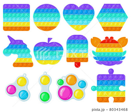 Antistress pop it and simple dimple toys. Trendy fidget children toys, sensory and color learning for kids vector illustration set. Silicone bubbles toys Antistress pop it and simple dimple toys. Trendy fidget children toys, sensory and color learning for kids vector illustration set. Silicone bubbles toys 80343468
