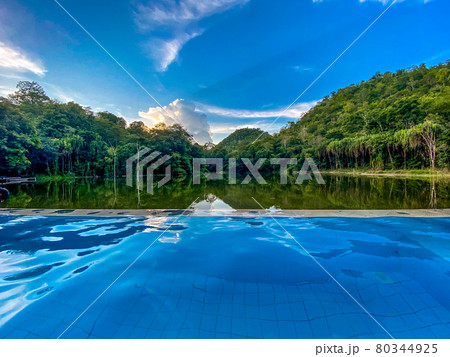 Sunset on Kanchanaburi River Khwae Yai or Kwai in Thailand 80344925