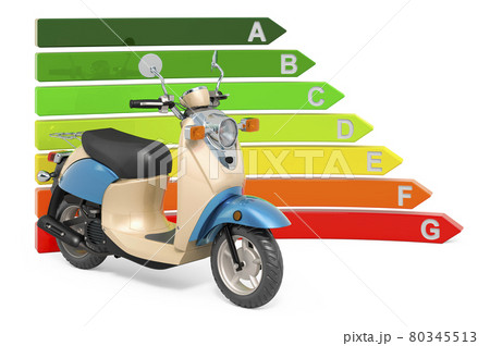 Motor scooter with energy efficiency chart, 3D rendering Motor scooter with energy efficiency chart, 3D rendering 80345513