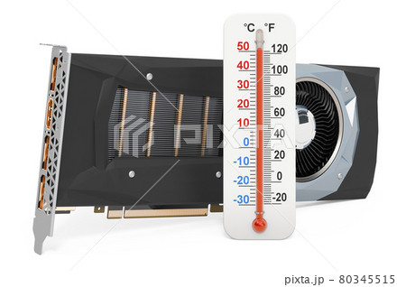 Video card with thermometer. GPU overheating concept, 3D rendering 80345515