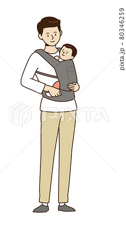 赤ちゃんを抱っこひもで抱っこしている男性のイラスト素材
