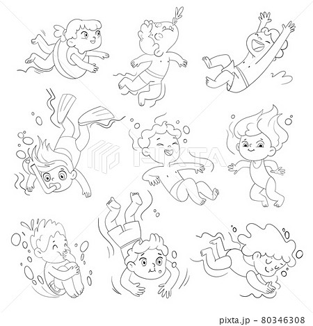 Children snorkeling. Set. Coloring book 80346308