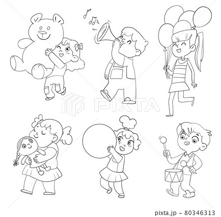 Kids in kindergarten play with their favorite toys. Coloring book 80346313