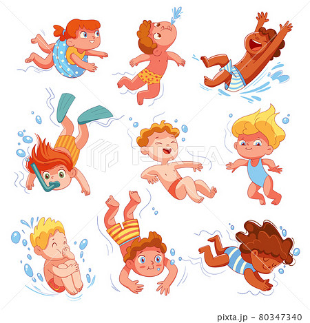 Children snorkeling. Set. Funny cartoon character 80347340