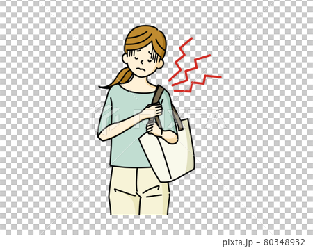 A woman holding a bag and having a burden on one shoulder 80348932