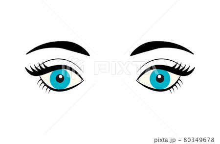 Beautiful blue female eye with eyelashes and eyebrows isolated on white background. Flat style logo. Cartoon eyes icon. Vector illustration for beauty salons, cosmetic shops, makeup artists. 80349678