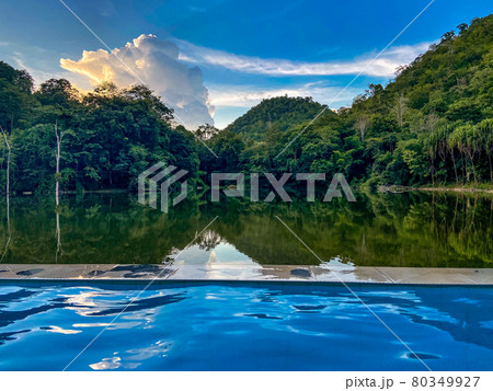 Sunset on Kanchanaburi River Khwae Yai or Kwai in Thailand 80349927